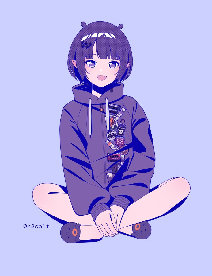 1girl, :d, commentary, drawstring, english_commentary, fang, full_body, hololive