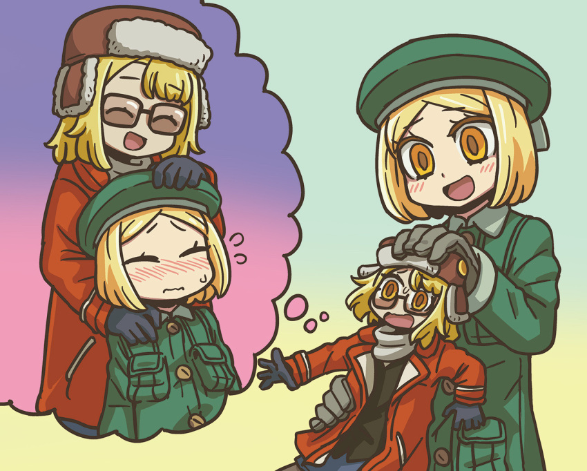 2girls, alternate_form, blonde_hair, blush, coat, fate/grand_order, fate_(series), fur_hat, giant, giantess, glasses, green_coat, green_headwear, green_jacket, hat, headpat, jacket, learning_with_manga!_fgo, multiple_girls, paul_bunyan_(fate), riyo_(lyomsnpmp), short_hair, super_bunyan_(fate)