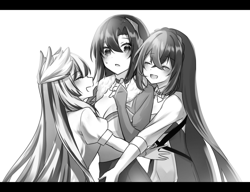 3girls, alear_(female)_(fire_emblem), alear_(fire_emblem), blush, closed_eyes, dress, fire_emblem, fire_emblem_engage