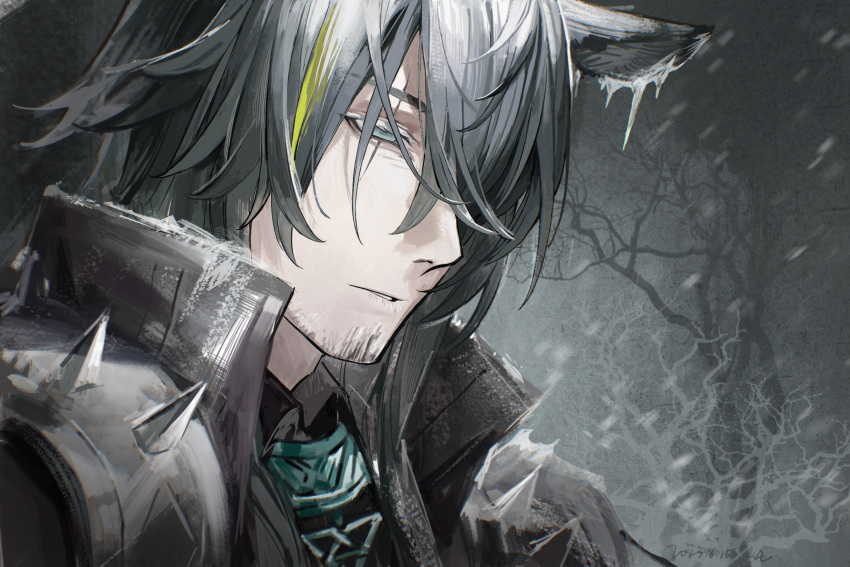 1boy, arknights, bare_tree, black_jacket, black_shirt, blonde_hair, character_request, dated