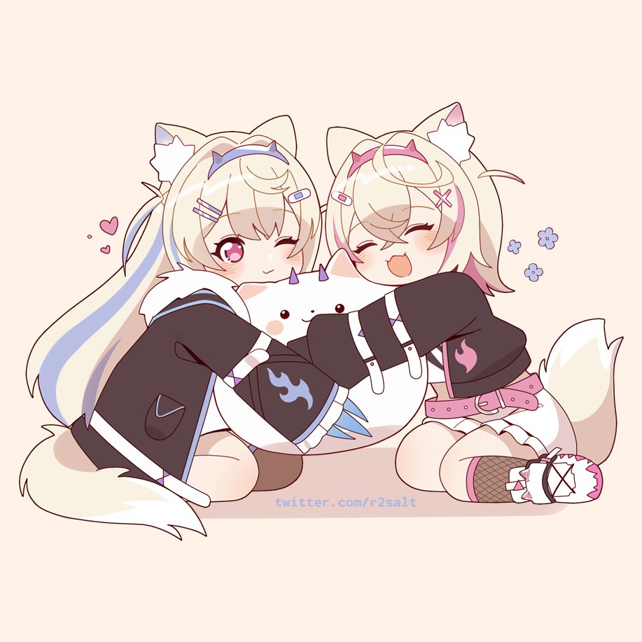 2girls, :3, :d, ^_^, animal_ear_fluff, animal_ears, artist_name, belt