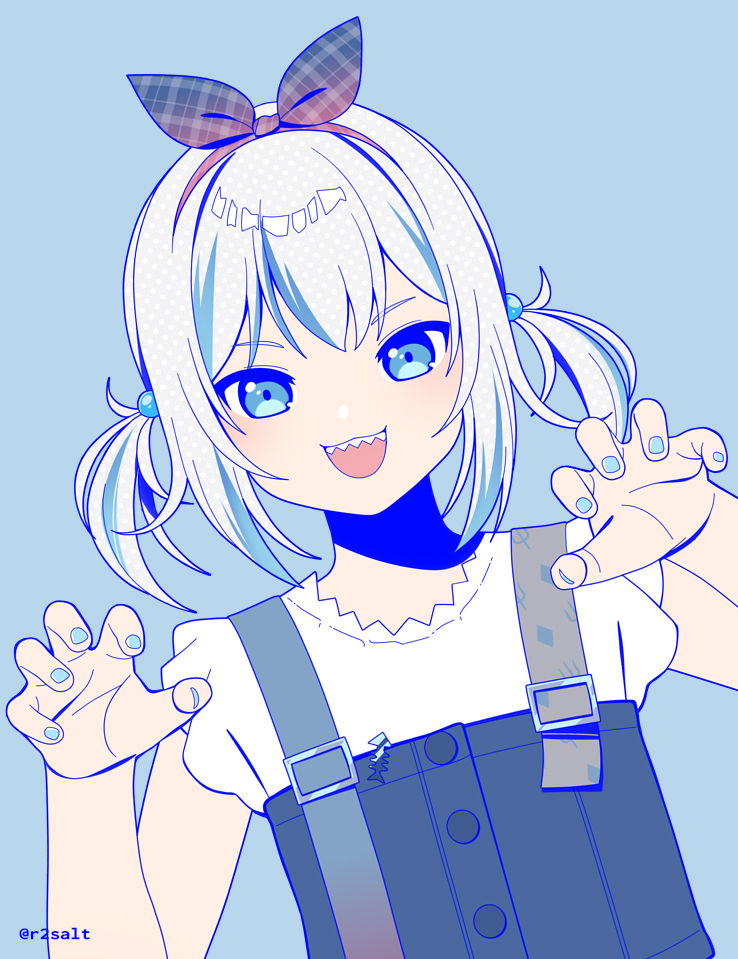 1girl, :3, :d, artist_name, blue_background, blue_dress, blue_eyes, blue_hair