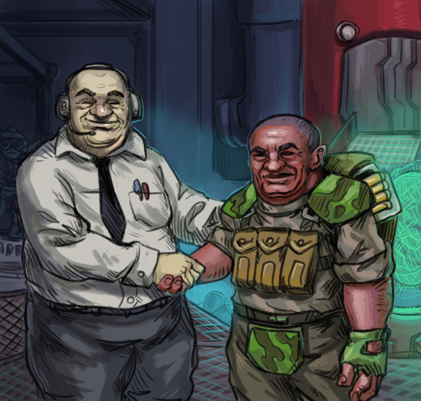 armor, backpack, bag, bald, black_necktie, black_pants, breast_pocket, commentary, cowboy_shot, dark-skinned_male, dark_skin, deep_rock_galactic, english_commentary, fingerless_gloves, gloves, green_gloves, green_pants, green_shirt, headset, highres, indoors, joe_duncan, kongolo_nadiane, looking_at_viewer, male_focus, meme, microphone, mission_control_(drg), necktie, pants, pen, pocket, scene_reference, shirt, shoulder_armor, sleeves_rolled_up, smile, ssethtzeentach, standing, the_office, white_shirt, wing_collar, young_michael_scott_shaking_ed_truck's_hand_(meme)
