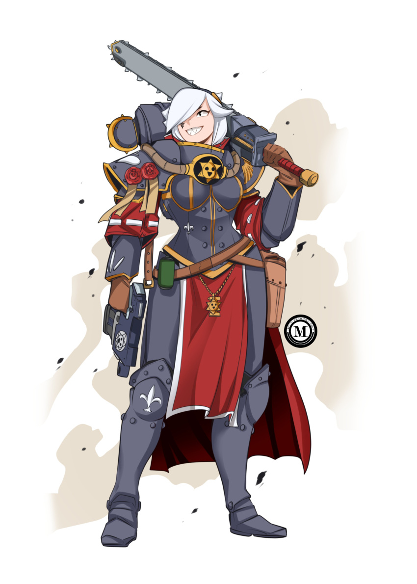1girl, :d, absurdres, adepta_sororitas, armor, armored_boots, black_eyes, bolt_pistol