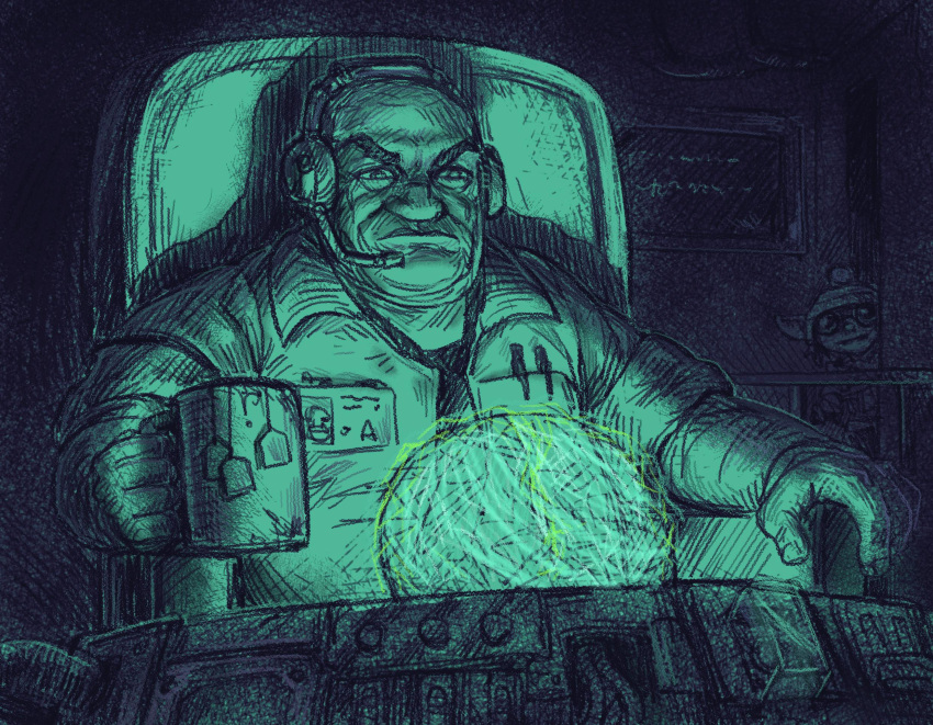 1boy, 1other, armchair, bald, chair, character_request, commentary, cup