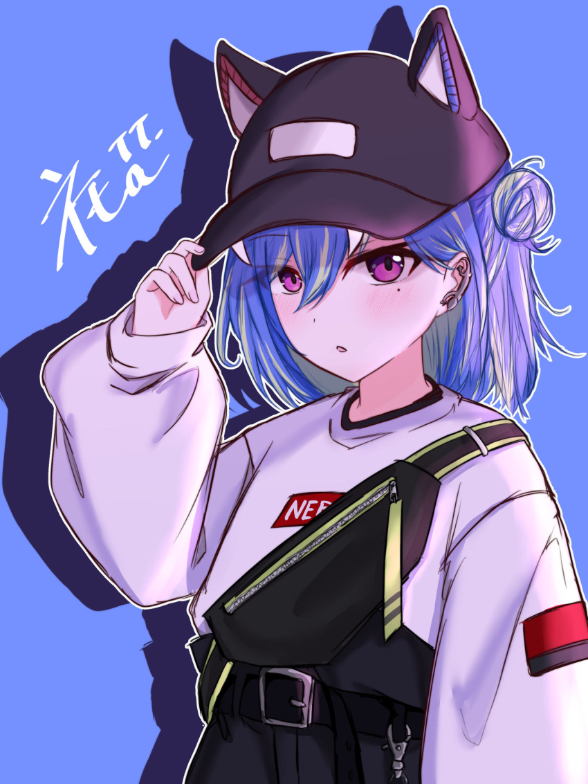 1girl, :o, adjusting_clothes, adjusting_headwear, animal_ear_headwear, baseball_cap, belt, black_belt, black_headwear, black_shorts, blue_background, blue_hair, blush, commentary_request, cowboy_shot, double_bun, drop_shadow, expressionless, flat_chest, green_hair, hair_between_eyes, hair_bun, hat, hat_fangs, high-waist_shorts, highres, long_bangs, long_sleeves, looking_at_viewer, mole, mole_under_eye, multicolored_hair, nanashi_inc., official_alternate_costume, open_mouth, outline, pink_eyes, salmon231, short_hair, shorts, simple_background, single_strap, solo, suzumi_nemo, suzumi_nemo_(2nd_costume), sweater, two-tone_hair, virtual_youtuber, white_outline, white_sweater
