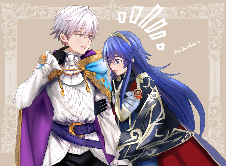 1boy, 1girl, arm_hug, armor, ascot, belt, belt_buckle, black_gloves, blue_cape, blue_eyes, blue_hair, breastplate, buckle, cape, commentary_request, commission, fire_emblem, fire_emblem_awakening, fire_emblem_heroes, gloves, grey_eyes, height_difference, hood, hooded_cape, index_finger_raised, long_hair, long_sleeves, lucina_(brave_princess)_(fire_emblem), lucina_(fire_emblem), official_alternate_costume, open_mouth, purple_cape, red_cape, robin_(fire_emblem), robin_(male)_(exalt's_deliverer)_(fire_emblem), robin_(male)_(fire_emblem), shield, shirt, shoochiku_bai, short_hair, skeb_commission, smile, tiara, two-tone_cape, white_ascot, white_hair, white_shirt