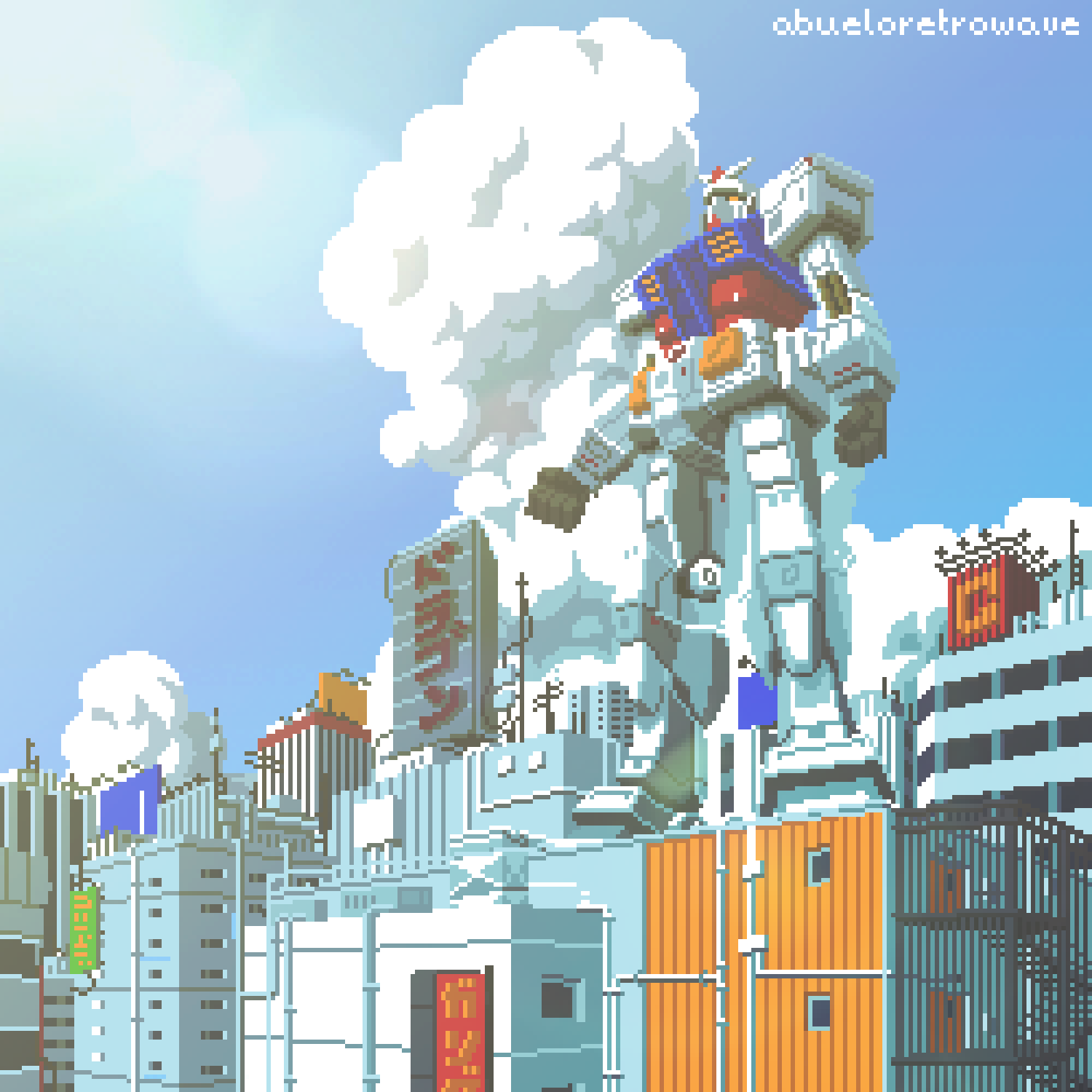 abueloretrowave, city, cityscape, clouds, door, drawing, giant, gundam, highres, mecha, photoshop_(medium), pixel_art, robot, rx-78-2, scenery, sky, third-party_edit, vaporwave, window
