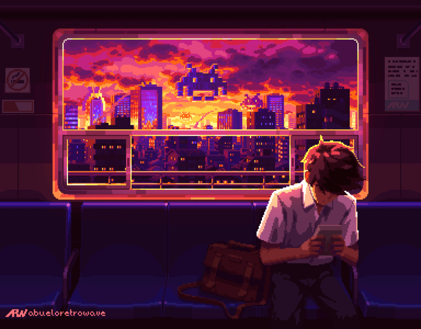 1boy, abueloretrowave, animated, animated_gif, bag, black_pants, brown_hair, city