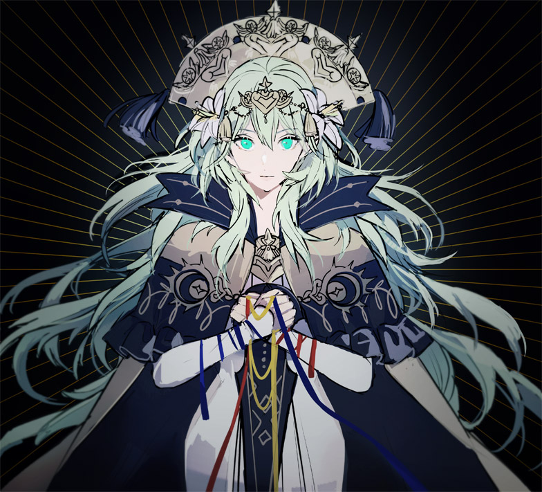 1girl, alternate_costume, blue_cape, byleth_(fire_emblem), cape, cosplay, dress, facing_viewer