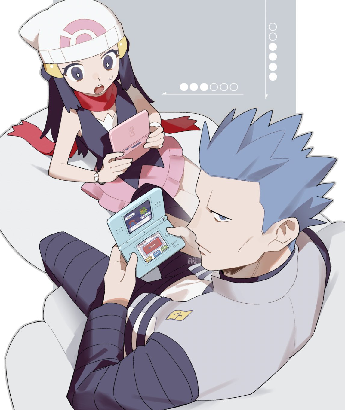 1boy, 1girl, beanie, blue_eyes, blue_hair, cyrus_(pokemon), expressionless, hair_ornament, handheld_game_console, hat, highres, hikari_(pokemon), kutako_(kutako138), long_hair, long_sleeves, looking_at_another, looking_at_viewer, nintendo_ds, open_mouth, pants, pillow, pink_skirt, playing_games, poke_ball_print, pokemon, pokemon_(creature), pokemon_(game), pokemon_dppt, poketch, red_scarf, scarf, short_hair, sidelocks, simple_background, sitting, skirt, sleeveless, spiky_hair, sweatdrop, team_galactic, team_galactic_uniform, watch, watch, white_background, white_headwear