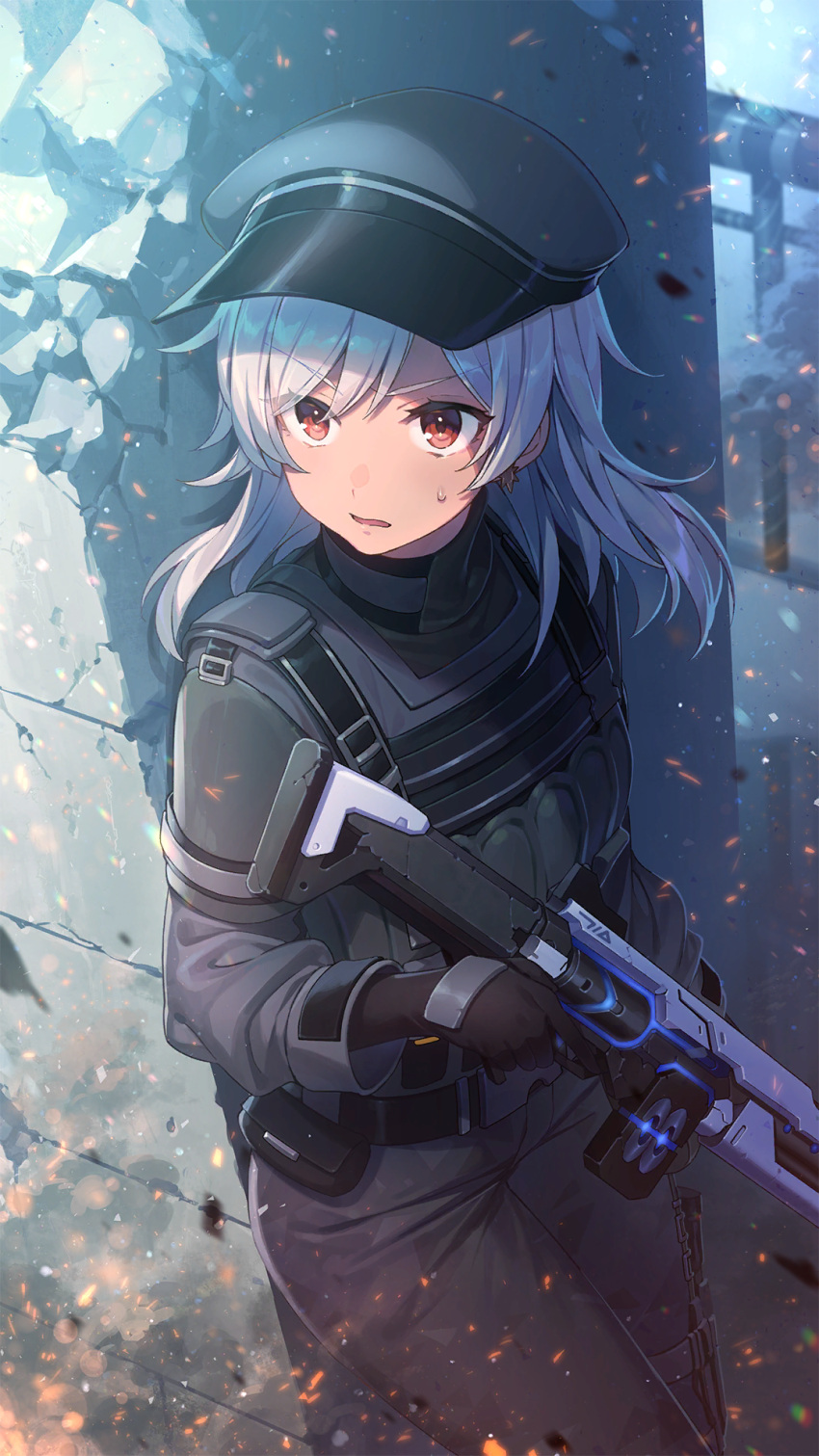 1girl, against_pillar, belt, belt_pouch, black_belt, black_gloves, black_jacket, black_pants