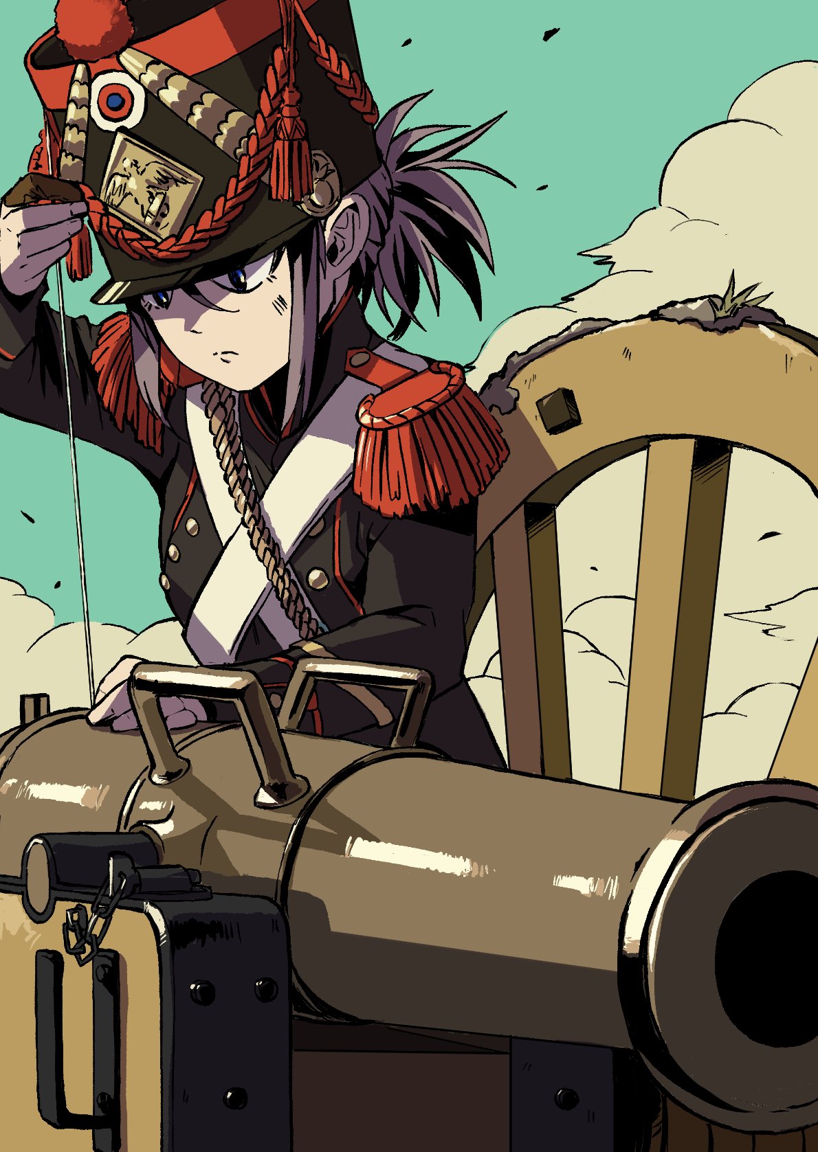 1girl, antique_cannon, antique_firearm, black_jacket, blue_eyes, blue_sky, buttons, cannon, chain, clouds, commentary_request, double-breasted, epaulettes, france, french_army, grey_hair, gun, hair_between_eyes, hat, highres, jacket, looking_at_object, machinery, military_hat, military_uniform, original, ponytail, reloading, roundel, shako_cap, shine, sidelocks, sky, soldier, solo, uniform, upper_body, weapon, wheel, zeinikunosekai