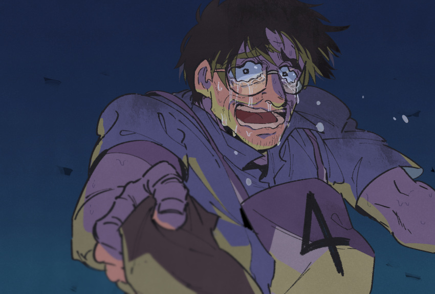 1boy, black-framed_eyewear, black_eyes, black_hair, blue_sky, collared_shirt, commentary_request, crying, crying_with_eyes_open, glasses, grey_shirt, highres, holding, holding_paper, inudori, ishida_kouji, kaiji, looking_at_viewer, male_focus, medium_bangs, open_mouth, paper, race_bib, semi-rimless_eyewear, shirt, short_hair, sky, solo, tears, teeth, under-rim_eyewear, upper_body, wavy_eyes, wavy_mouth