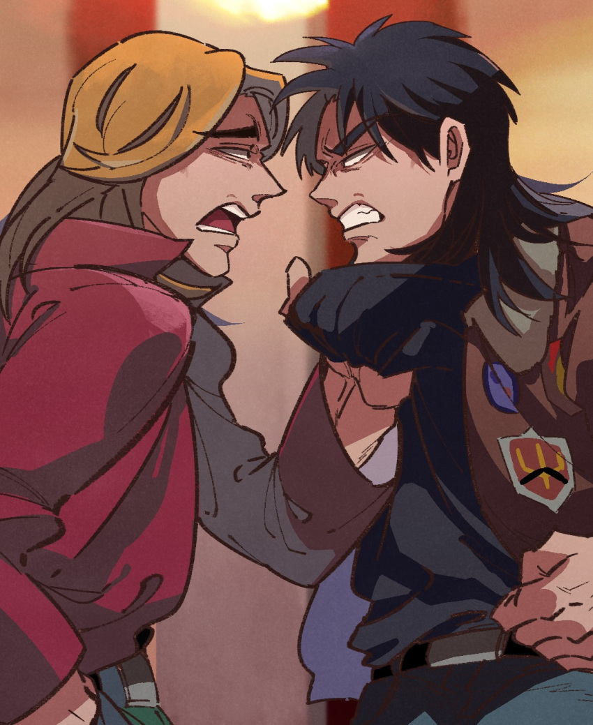 2boys, black_eyes, black_shirt, blonde_hair, bomber_jacket, brown_jacket, clenched_hand, clenched_teeth, commentary_request, cowboy_shot, highres, inudori, itou_kaiji, jacket, kaiji, kitami_(kaiji), long_hair, long_sleeves, looking_at_another, male_focus, medium_bangs, multiple_boys, open_clothes, open_jacket, open_mouth, profile, red_jacket, shirt, shirt_grab, teeth