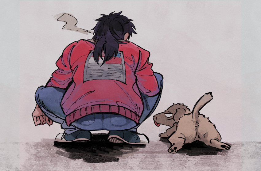 1boy, american_flag, black_hair, commentary_request, dog, from_behind, full_body, grey_background, grey_footwear, grey_pants, highres, inudori, itou_kaiji, jacket, kaiji, long_hair, male_focus, pants, red_jacket, republic_of_china_flag, shoes, smoke, smoking, sneakers, solo, south_korean_flag, squatting