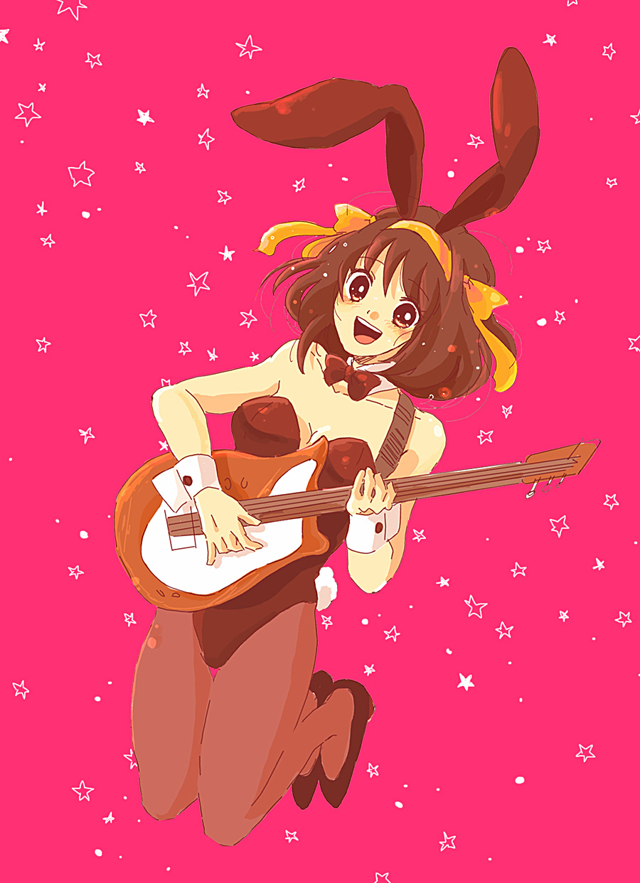 brown_eyes, brown_hair, bunny_ears, bunnysuit, erika_(sakana0529), guitar, hair_ribbon, highres