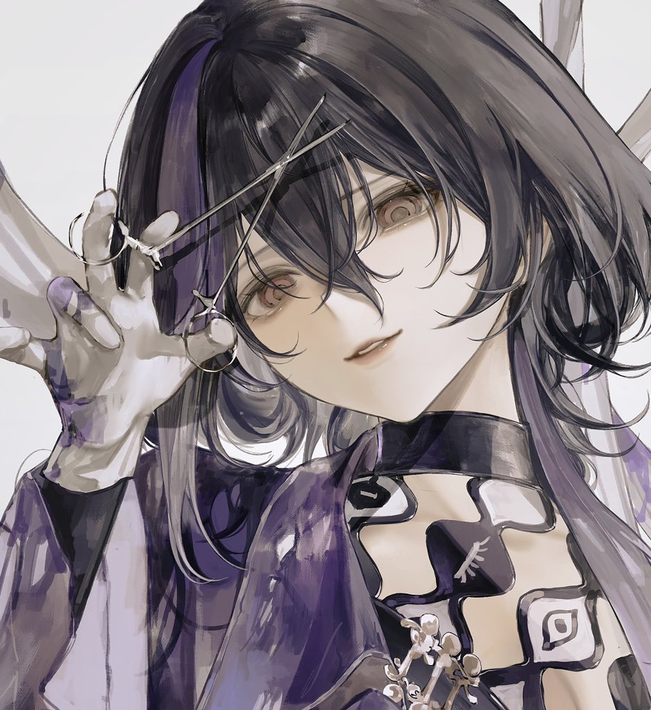 1girl, black_hair, close-up, gloves, grey_background, grey_hair, hair_between_eyes, holding, holding_scissors, jacket, long_hair, looking_at_viewer, moaomao_mo, multicolored_hair, parted_lips, path_to_nowhere, portrait, purple_jacket, red_eyes, scissors, sidelocks, simple_background, smile, streaked_hair, two-tone_hair, uni_(path_to_nowhere), white_gloves