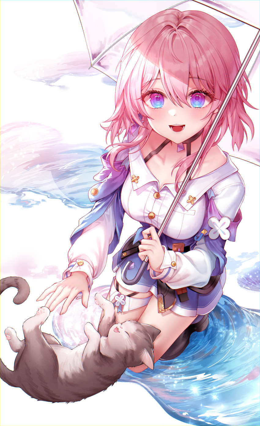 1girl, :d, absurdres, black_choker, black_corset, black_footwear, blue_eyes, blue_jacket