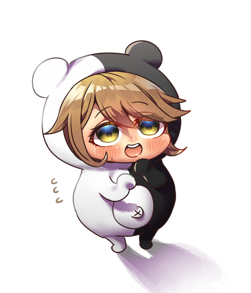 1boy, :d, animal_costume, bear_costume, blush, brown_hair, chibi, cosplay, danganronpa:_trigger_happy_havoc, danganronpa_(series), flying_sweatdrops, fujisaki_chihiro, hands_up, harumina_mau, highres, looking_at_viewer, monokuma, monokuma_(cosplay), orange_eyes, simple_background, smile, solo, teeth, upper_teeth_only, white_background
