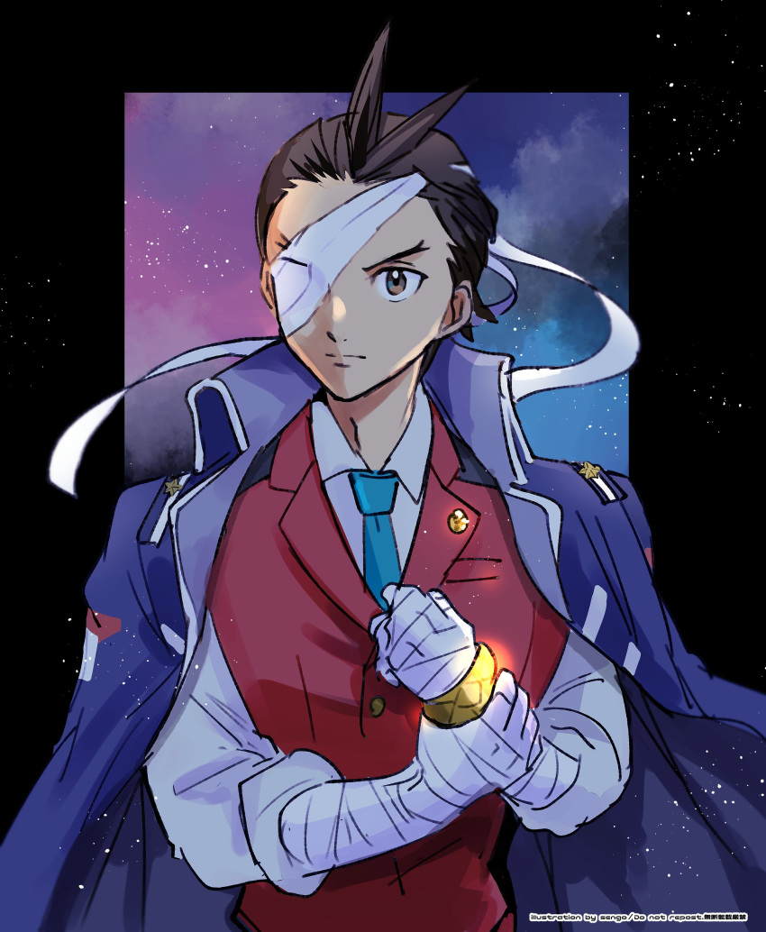 1boy, absurdres, ace_attorney, airagency1005, antenna_hair, apollo_justice, bandaged_arm, bandaged_fingers