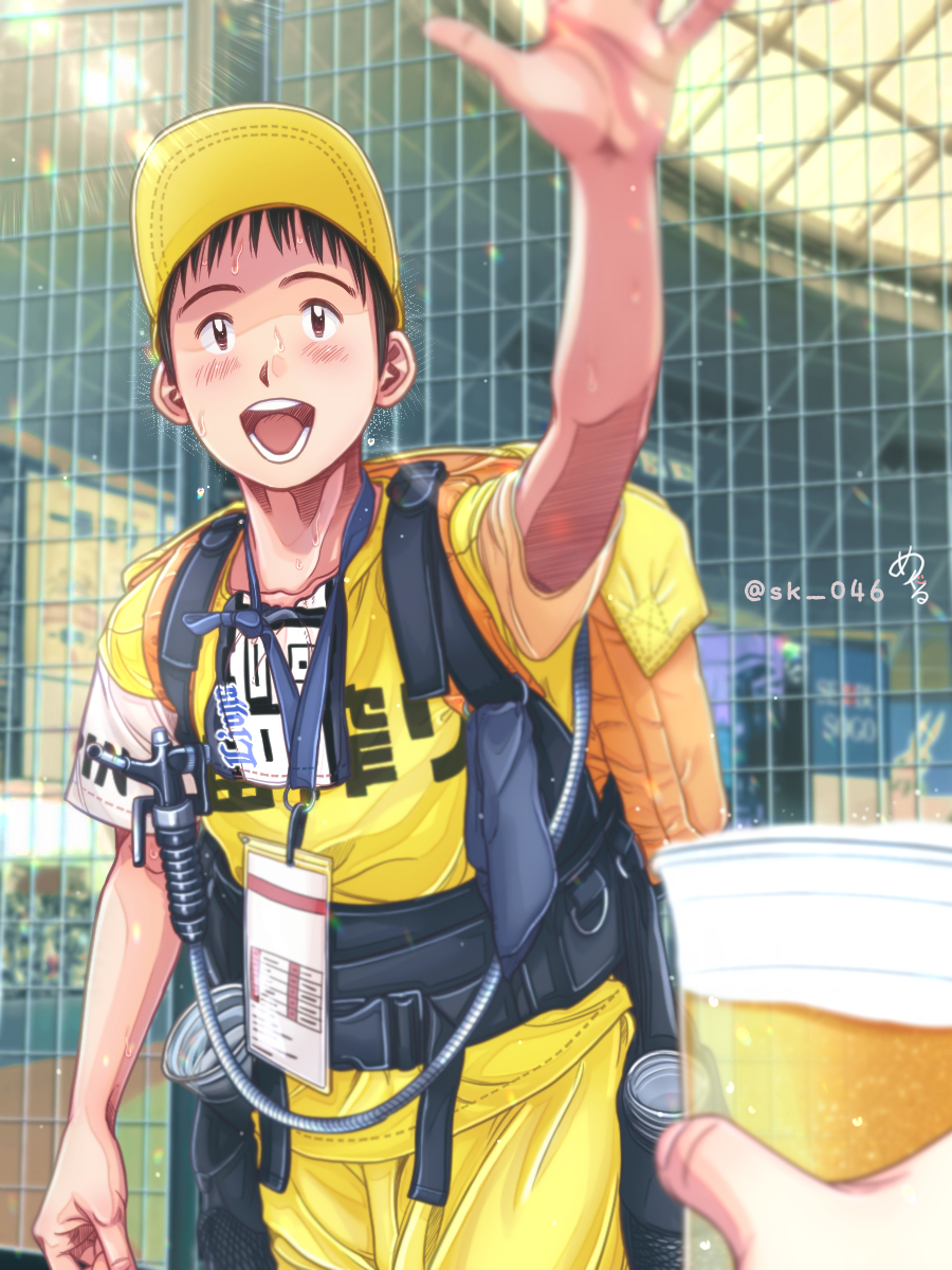 1boy, :d, alcohol, arm_up, artist_name, backpack, bag, baseball, beer, black_eyes, black_hair, cup, disposable_cup, highres, last_inning, meguru_(sk_046), nippon_professional_baseball, pants, saitama_seibu_lions, shirt, smile, solo_focus, sota_yashio, stadium, sweat, yellow_headwear, yellow_pants, yellow_shirt