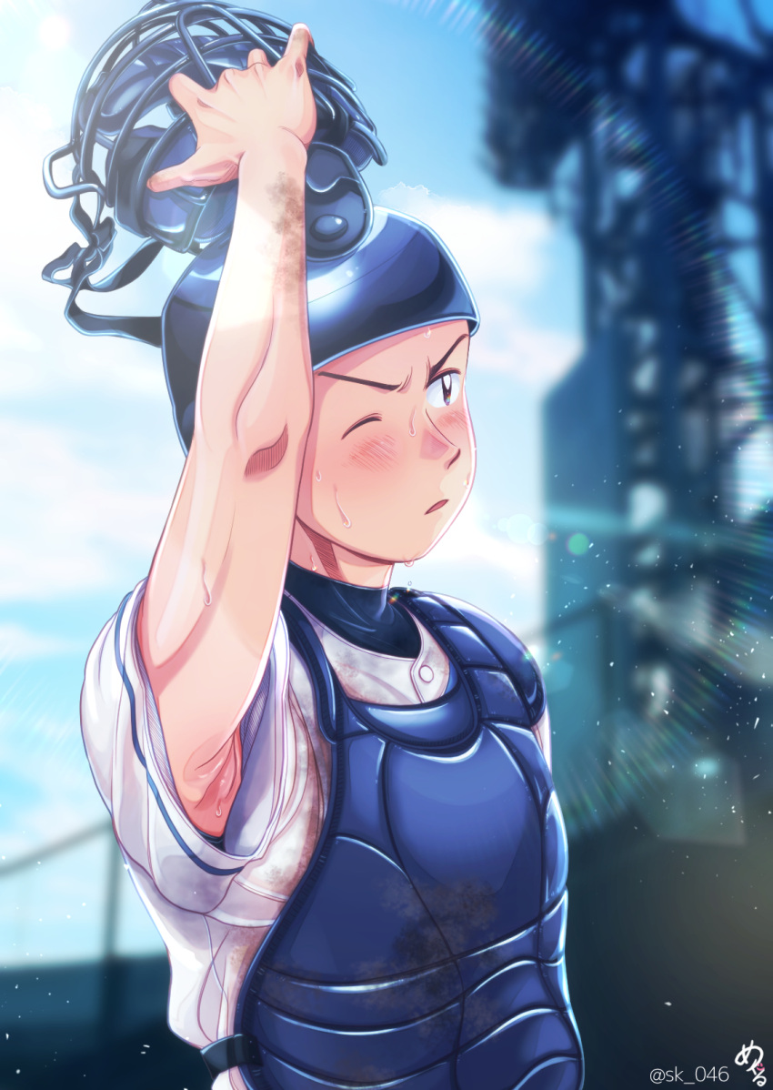 1boy, arm_up, baseball, baseball_catchers_mask, black_eyes, blue_headwear, blurry, blurry_background