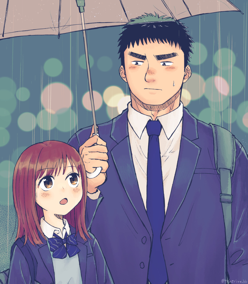 :d, artist_name, bag, black_hair, blazer, blue_bow, blue_necktie, blush