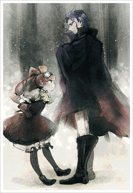1boy, 1girl, ace_attorney, barok_van_zieks, black_cape, black_footwear, black_hair, boots, border, cape, closed_mouth, commentary_request, dress, from_side, frown, full_body, gloves, goggles, goggles_on_head, hand_on_own_hip, iris_wilson, long_hair, pants, pantyhose, popped_collar, sasakama_(f214), shoes, short_hair, standing, the_great_ace_attorney, thigh_boots, white_border, white_pants