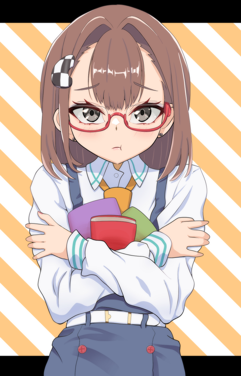 1girl, belt, book, brown_hair, buttons, checkered_hair_ornament, closed_mouth, collared_shirt