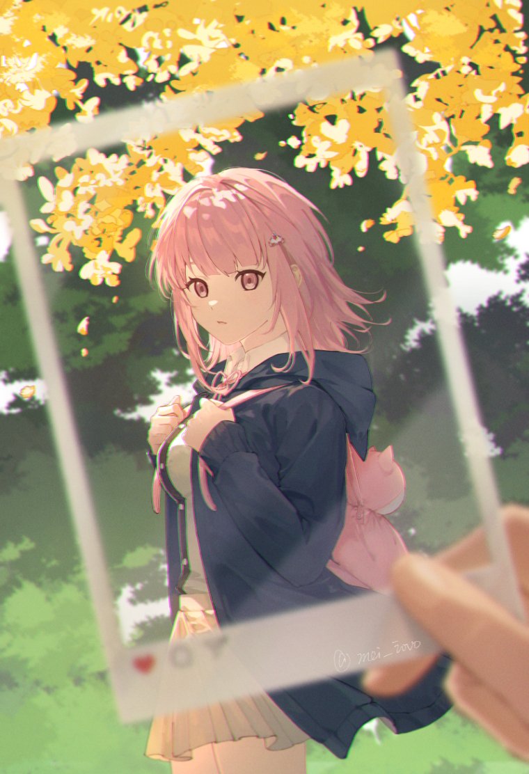 1girl, backpack, bag, black_shirt, blurry, blurry_foreground, breasts, brown_skirt