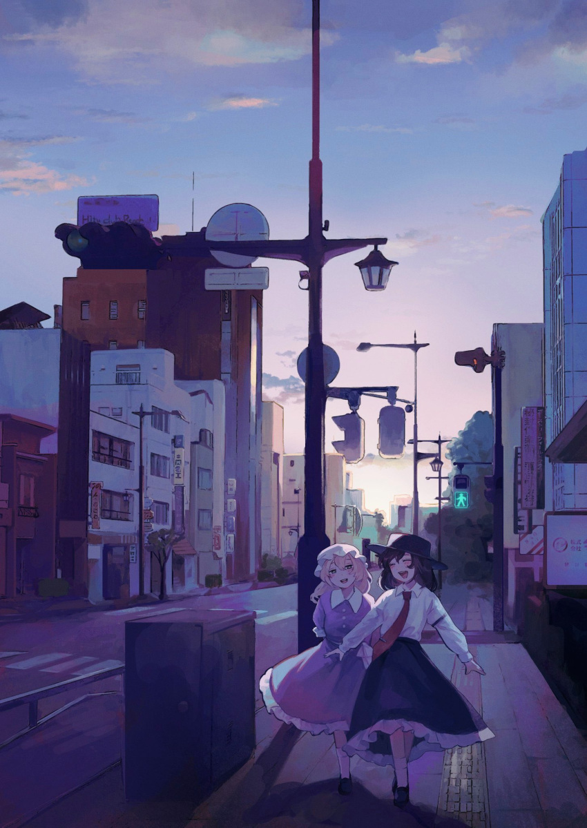 2girls, black_footwear, black_hair, black_headwear, black_skirt, blonde_hair, building, closed_eyes
