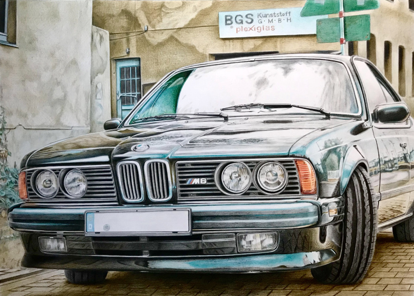 absurdres, bmw, bmw_m6, bonbon20170916, brick, car, colored_pencil_(medium), highres
