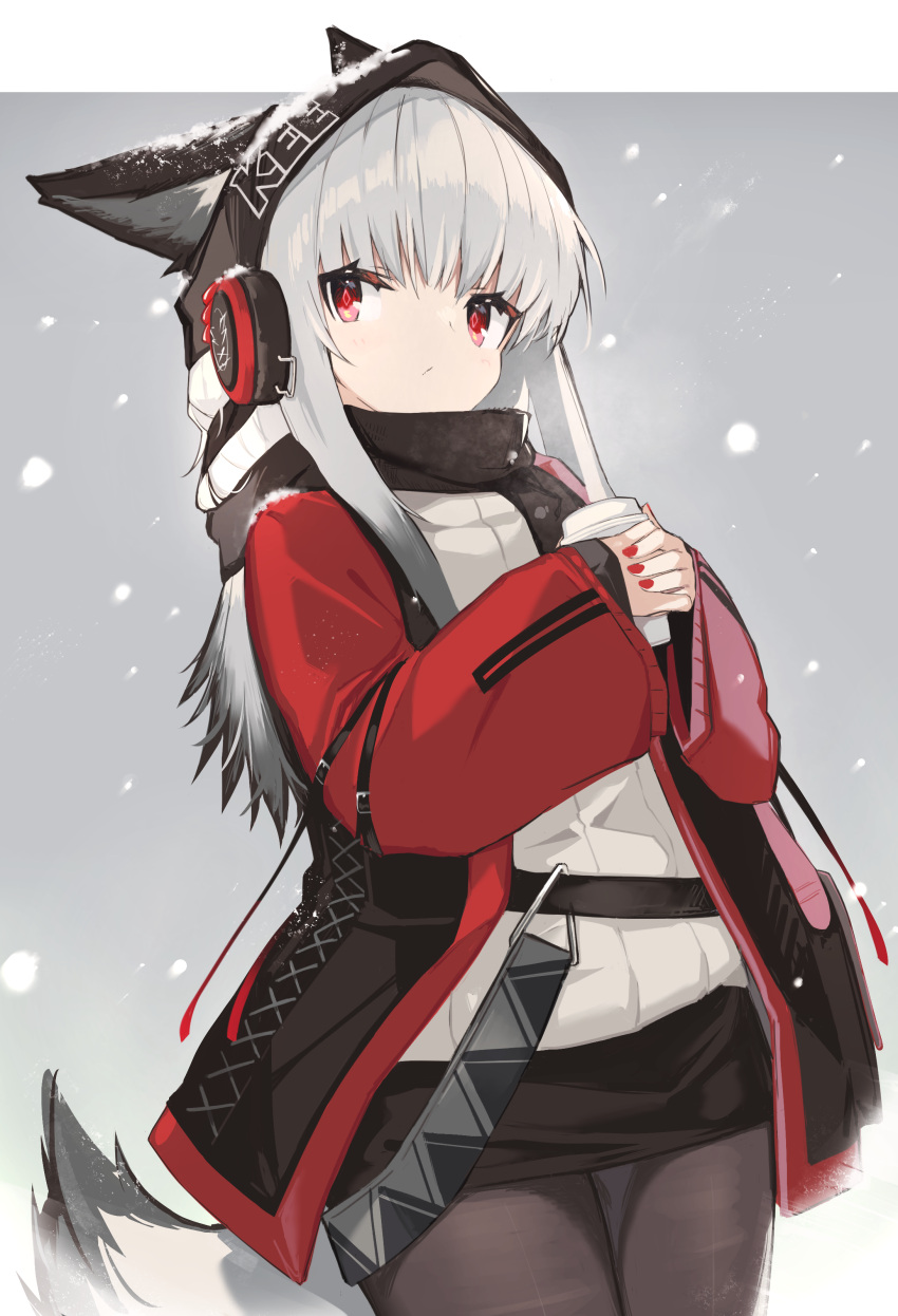 1girl, absurdres, animal_ears, arknights, belt_buckle, black_pantyhose, black_scarf, black_skirt