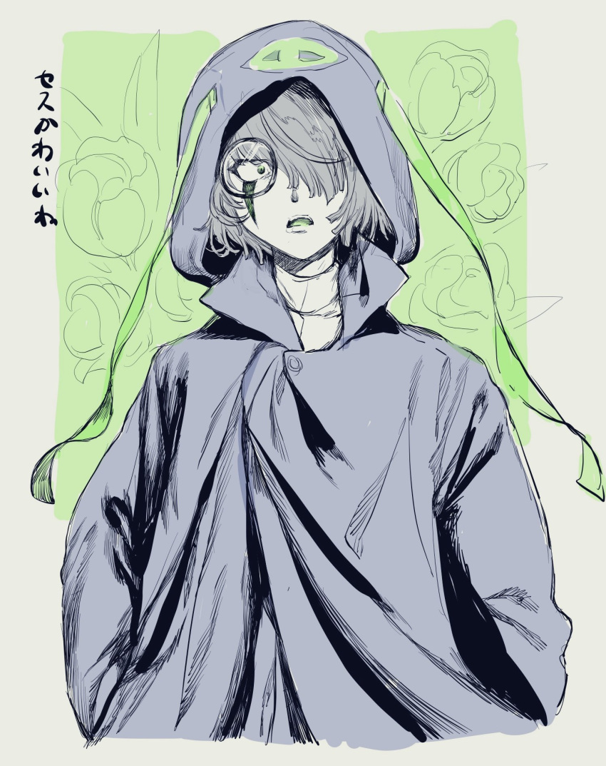 1boy, blue_cloak, cloak, commentary_request, facial_mark, green_eyes, grey_hair, hair_over_one_eye