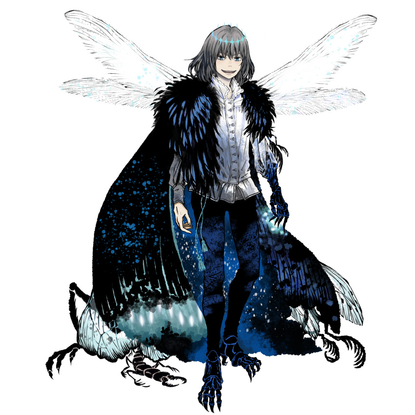 1boy, arthropod_limbs, black_pants, blue_eyes, bug, cape, clawed_feet, collared_shirt