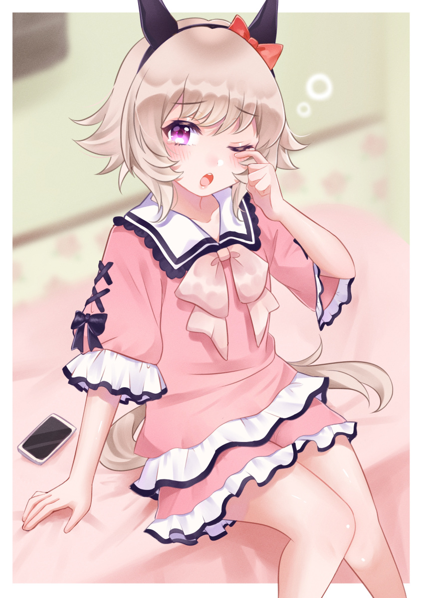 1girl, absurdres, alternate_costume, animal_ears, bed, blurry, blurry_background, blush
