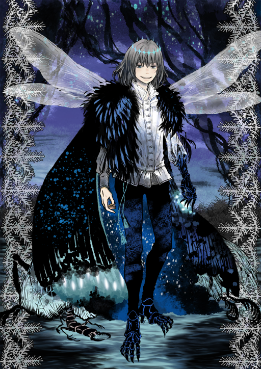 1boy, black_cape, black_pants, blue_cape, blue_eyes, bug, cape, clawed_boots