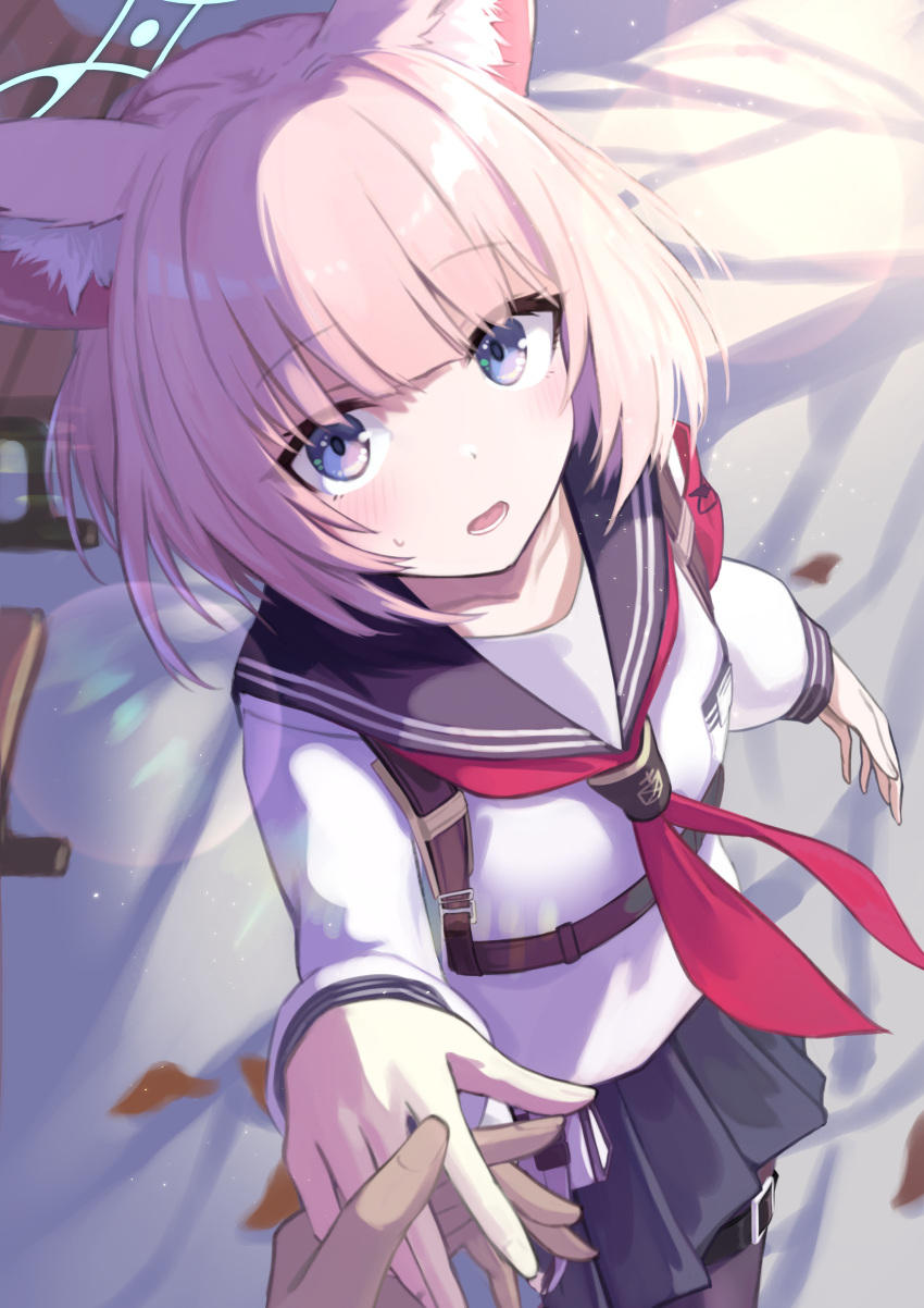 1girl, absurdres, animal_ears, armband, blue_archive, blush, embarrassed, fox_ears