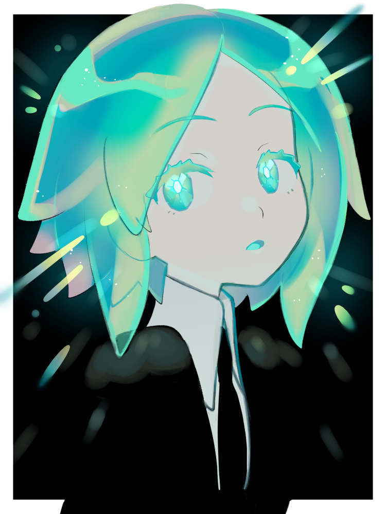 1other, a_(poipiku_325815), androgynous, black_background, black_necktie, border, collared_shirt, colored_eyelashes, colored_skin, commentary_request, gem_uniform_(houseki_no_kuni), glowing, glowing_hair, green_eyes, green_hair, houseki_no_kuni, looking_at_viewer, necktie, open_mouth, other_focus, phosphophyllite, shirt, short_hair, solo, upper_body, white_border, white_shirt, white_skin