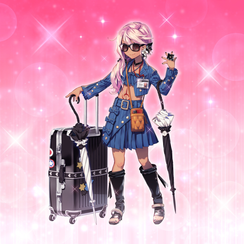 1girl, bag, belt, black_choker, black_footwear, black_nails, blue_belt, blue_jacket