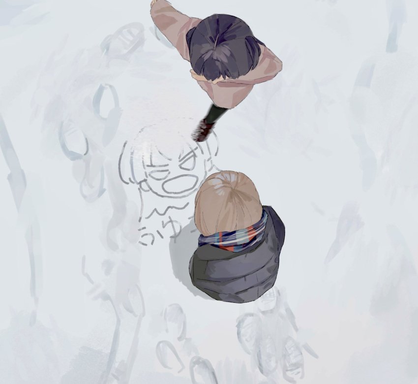 2girls, black_hair, character_name, doodles, footprints, from_above, grey_hair, highres, home_run_(home_run_6), idolmaster, idolmaster_shiny_colors, jacket, mayuzumi_fuyuko, motion_blur, multiple_girls, padded_jacket, serizawa_asahi, snow