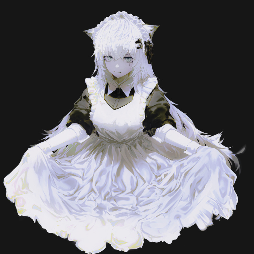 1girl, alternate_costume, animal_ear_fluff, animal_ears, apron, arknights, black_background, black_dress