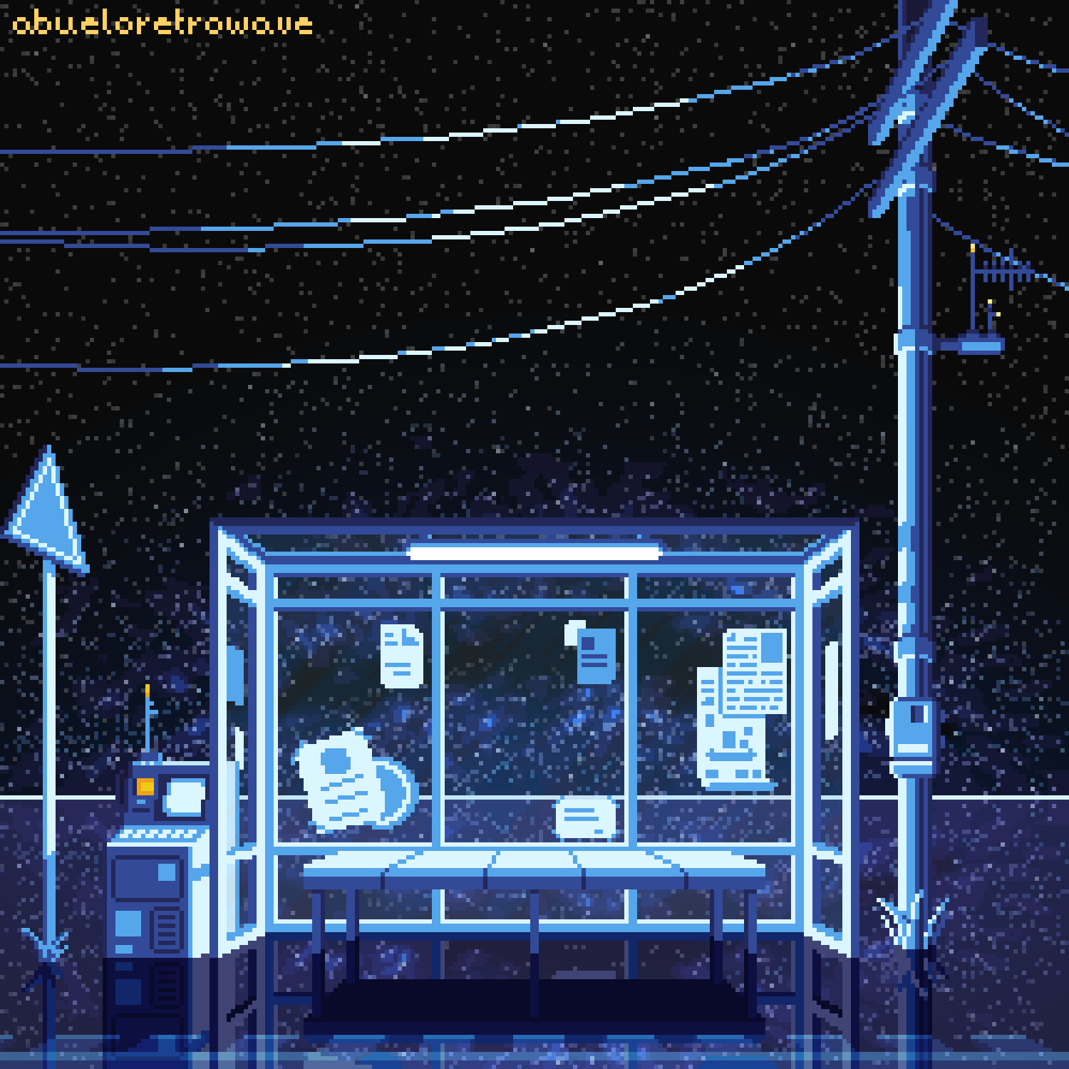 abueloretrowave, bench, bus_stop, glasses, highres, light, night, night_sky