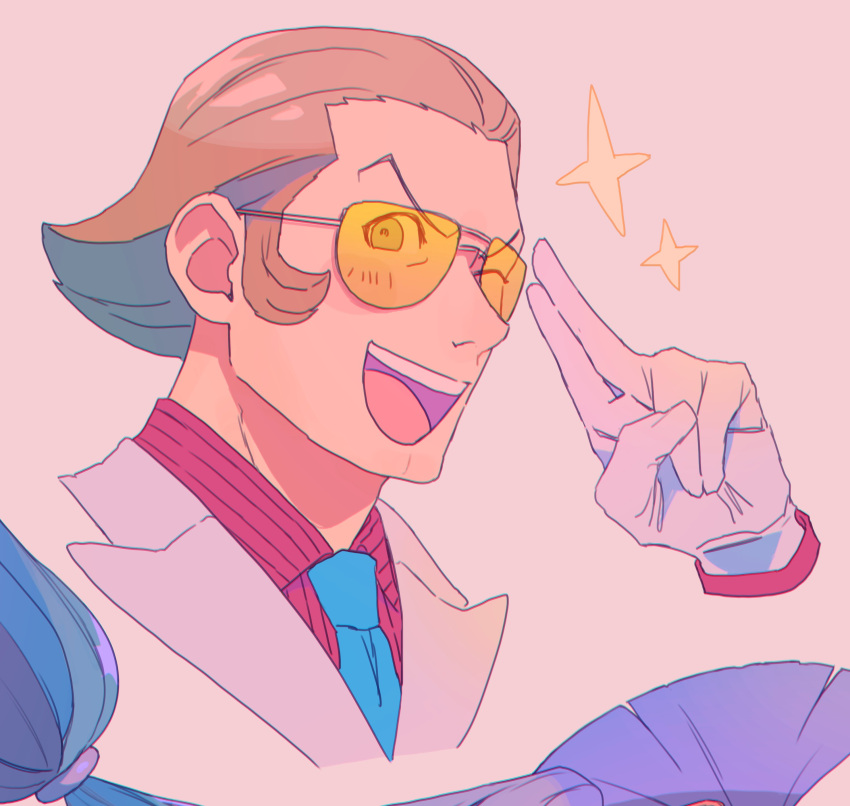 1boy, :d, ;d, absurdres, ace_attorney, aviator_sunglasses, blue_necktie, blush, bobby_fulbright, brown_hair, collared_shirt, cropped_shoulders, gloves, hair_slicked_back, highres, lapels, looking_at_viewer, male_focus, necktie, one_eye_closed, open_mouth, ouse_(otussger), phoenix_wright:_ace_attorney_-_dual_destinies, pink_background, portrait, red_shirt, salute, shirt, short_hair, sidelocks, simple_background, smile, solo, sparkle, striped, striped_shirt, sunglasses, teeth, tinted_eyewear, two-finger_salute, upper_teeth_only, vertical-striped_shirt, vertical_stripes, white_gloves, yellow-tinted_eyewear