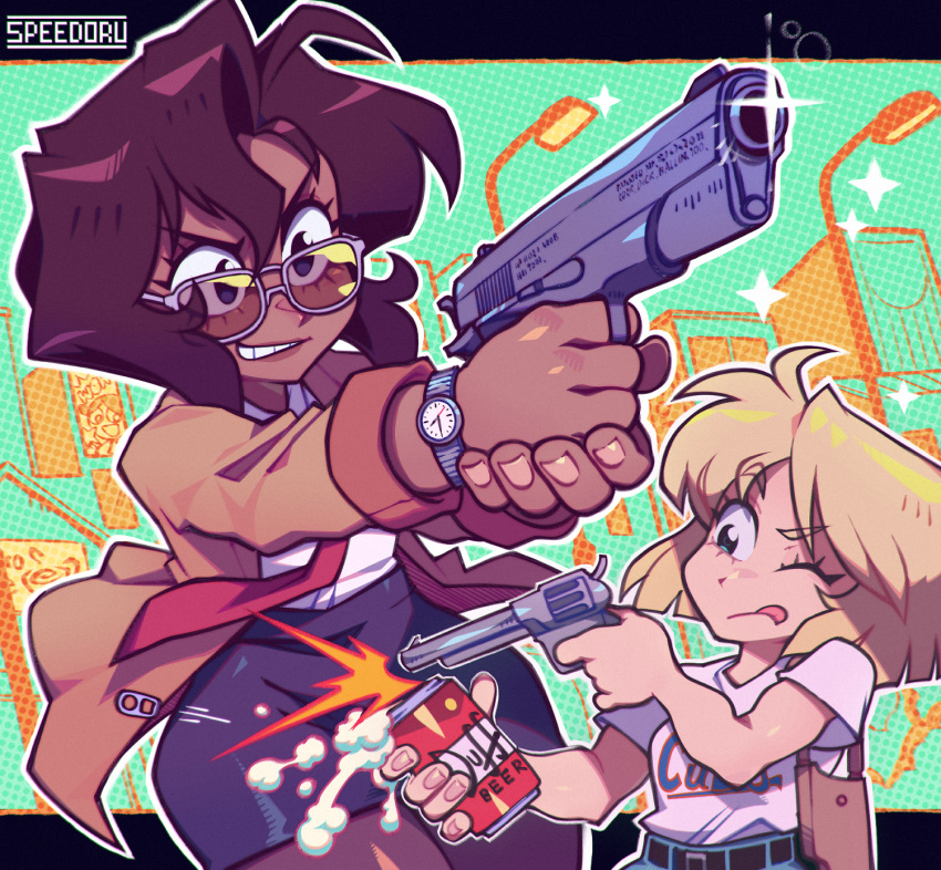 2girls, beer_can, blonde_hair, breasts, brown_hair, can, dark-skinned_female, dark_skin
