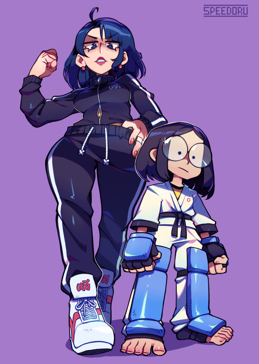 2girls, absurdres, ahoge, artist_name, black-framed_eyewear, black_gloves, black_hair, black_jacket