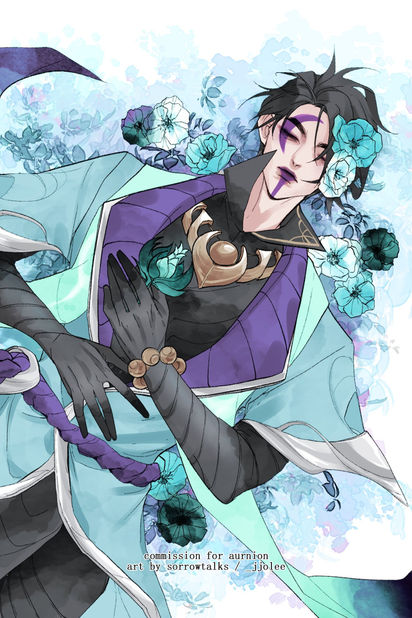 1boy, aphelios, artist_name, black_gloves, black_hair, black_shirt, blue_flower, blue_jacket