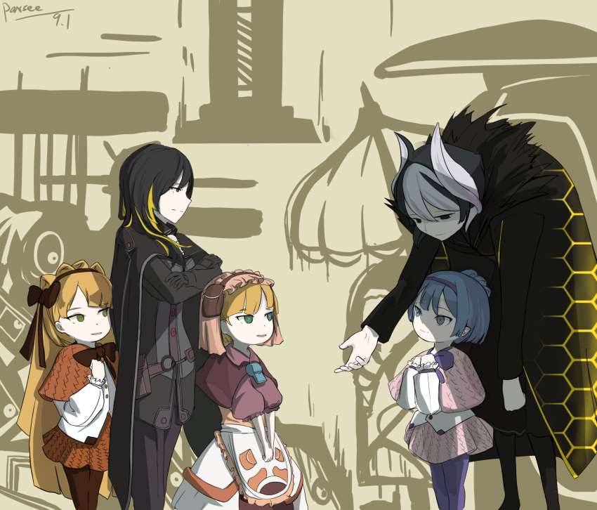 2boys, 3girls, binah_(project_moon), black_cape, black_eyes, black_hair, black_pants, blonde_hair