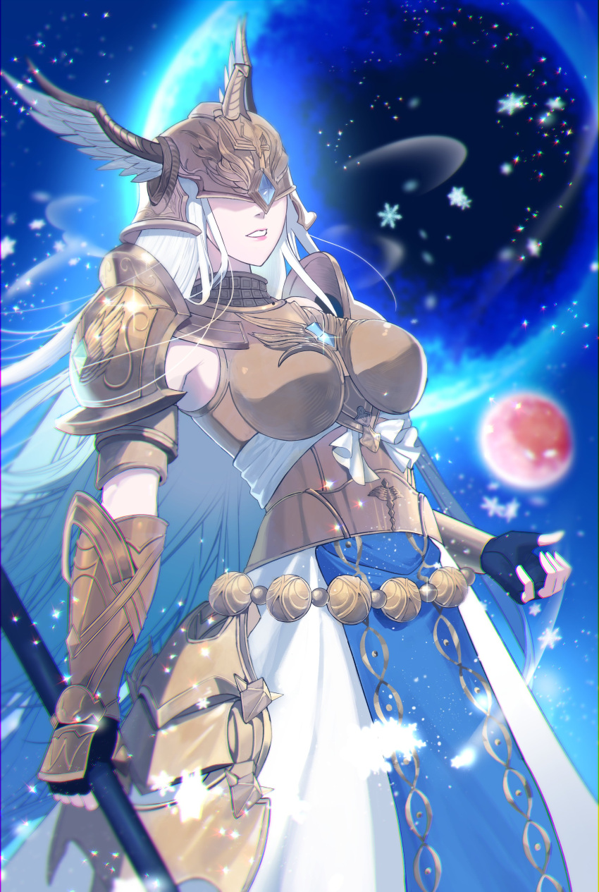1girl, absurdres, arm_at_side, armor, armored_skirt, black_gloves, blue_sky, boobplate
